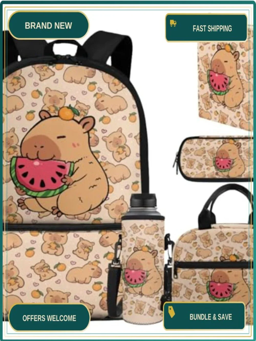 Watermelon Capybara Kids Backpack 5PCS Set with Lunch Bag Pencil Case Water